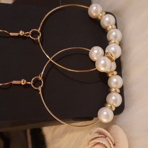 Handmade upcycled faux pearl and goldtone spacer circle earrings